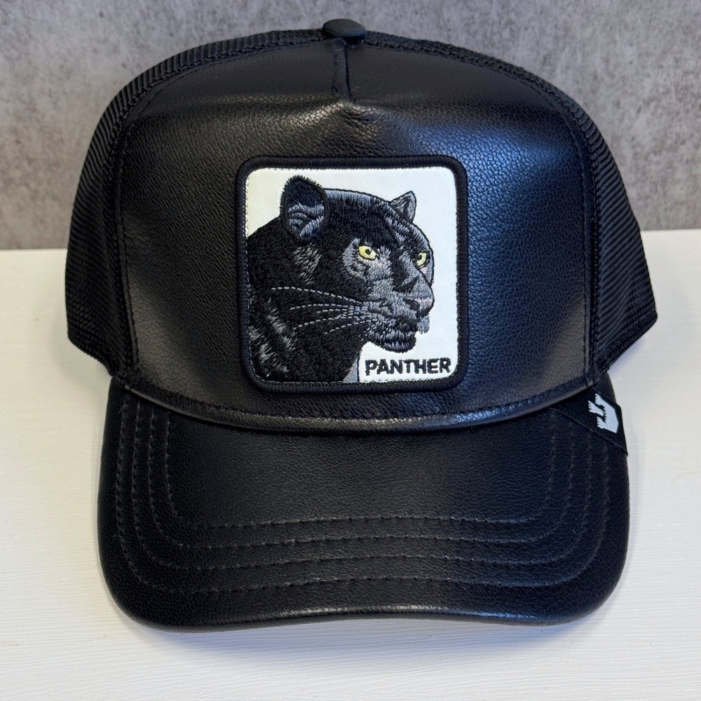 GOORIN BROS SHLeather Panther Trucker Hat Men OS Black Leather Mesh Snapback NWT